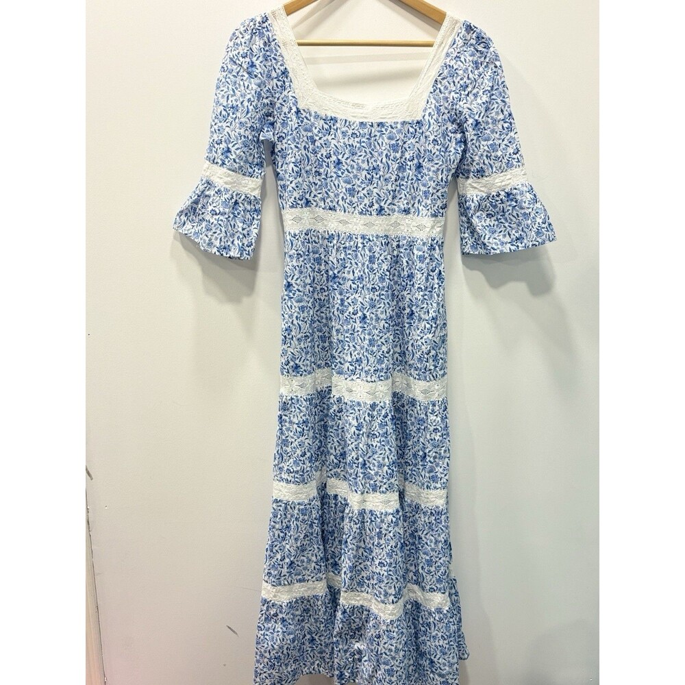 Pink City Prints XS Blue White Floral Maxi Dress Lace Trim Cottagecore Boho